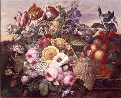 Still life with flowers and grapes