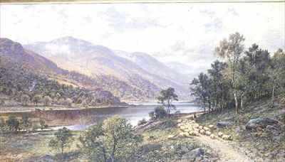 Thirlmere Shepherd with Sheep by a Lake