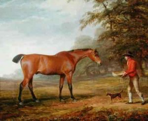 A Bay Horse Approached by a Stable lad with Food and a Halter