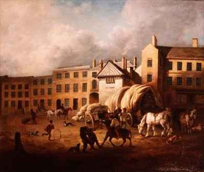 18th Century Town Scene with Figures and Horses in a Yard