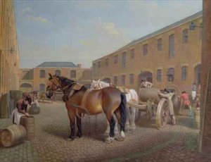 18th Century Town Scene with Figures and Horses in a Yard