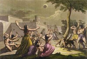 Terror of the Peruvians during an eclipse of the moon from Le Costume Ancien et Moderne