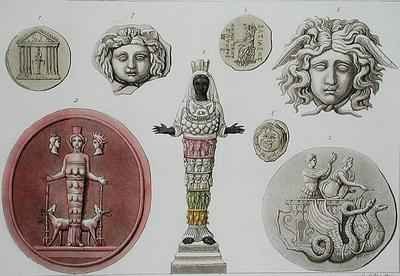 Greek statue and coins