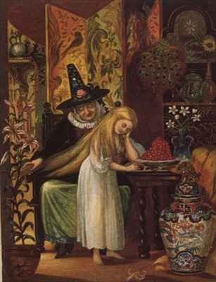 The Old Witch combing Gerdas hair with a golden comb to cause her to forget her friend in 'The Snow Queen from Hans Christian Andersens Fairy Tales