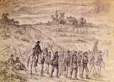 The Battle of Gettysburg Prisoners Belonging to General Langstreets Corps Captured by Union Troops Marching to the Rear Under Guard