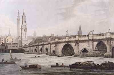 View of London Bridge including the Church of St Magus and The Monument