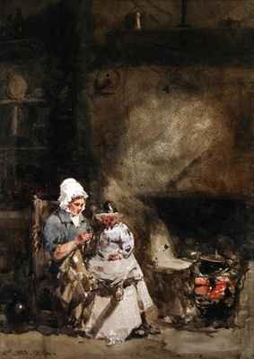 A Woman and Child by a Hearth