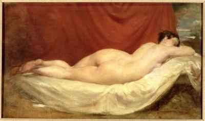 Nude Lying On A Sofa Against A Red Curtain