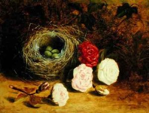 Still life of birds nest and roses