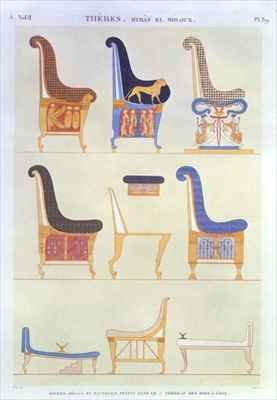 Illustrations of various painted seats and armchairs from the 5th Tomb of the Kings at the east Byban el Molouk