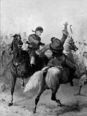 Lieutenant John Watson of the 1st Punjab Cavalry winning the Victoria Cross at Lucknow during the Indian Mutiny on 14th November 1857