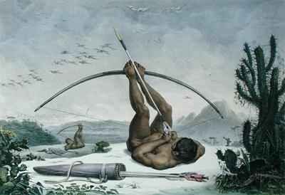 Cabocle Indian hunting birds with a bow and arrow