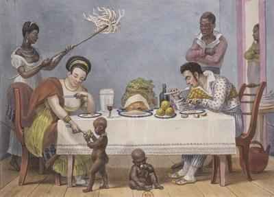 The Dinner a white couple being served and fanned by black slaves