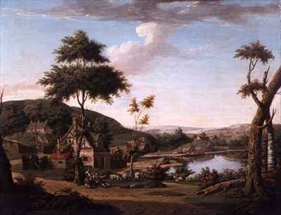 River landscape with Figures Outside a Cottage