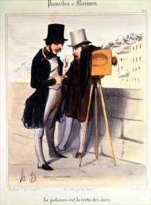 Cartoon ridiculing the length of time necessary to take a daguerrotype photo