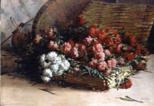 Still life of carnations in a basket