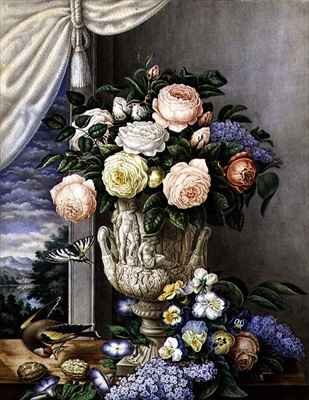 Flowers in a vase on a stone ledge