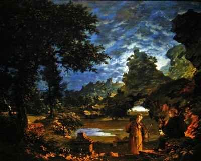 Monks with a Lantern in a Rocky Moonlit Landscape