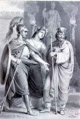 Warrior accompanied by a woman addressing a Priest in the Precincts of a Temple