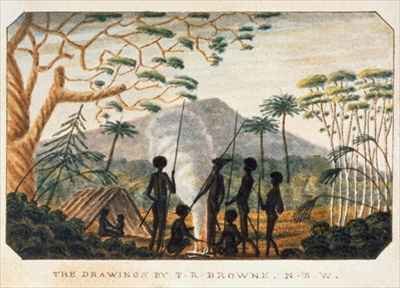 Group of aborigines around a campfire