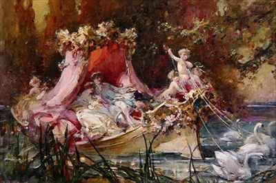 A Lovers' Barge Drawn by Swans