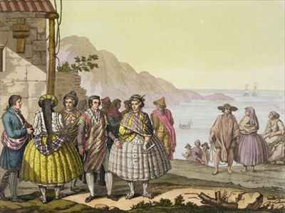 Men and women in elaborate costume, Chile