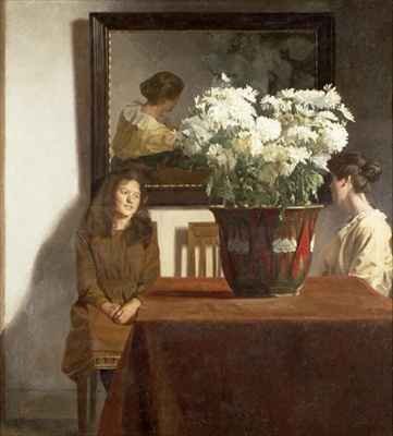 Figures with a Bowl of White Chrysanthemums