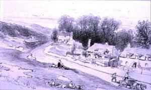 Road with cottages, carts and geese