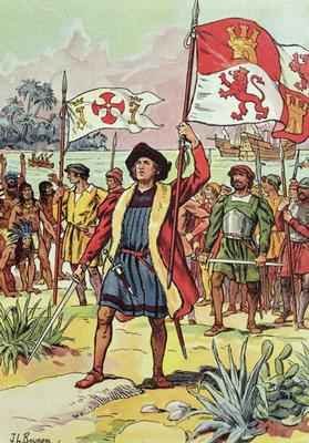 Christopher Columbus (1451-1506) plants the Spanish flag into the soil