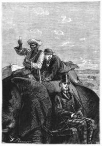 Phileas Fogg in front of an elephant