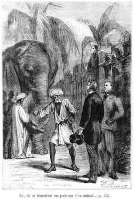 Phileas Fogg in front of an elephant