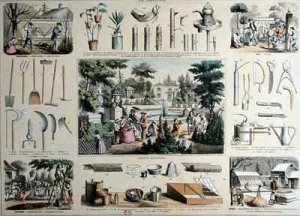 Educational depiction of gardening, with illustrations of garden tools and scenes showing the appropriate activities for each season