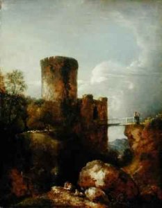 A Country Road with Travellers beside a Tower, built on a Rocky Cliff, At Marino, near Lake Albano