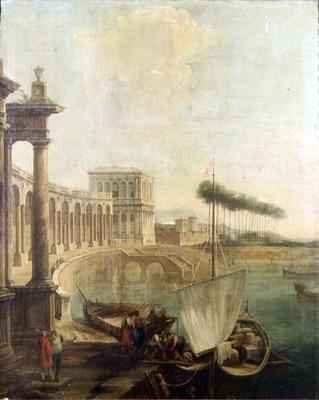 A capriccio, harbour with figures loading a ferry