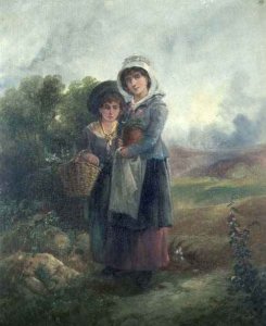 Two country girls carrying flowers