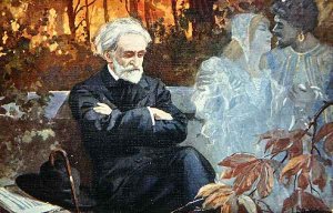 Postcard depicting Giuseppe Verdi (1813-1901) composing the opera 'Otello'