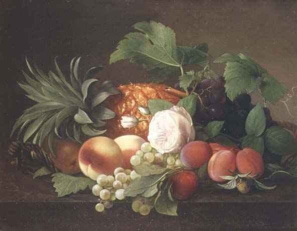 Still life with pineapple, peaches, plums and grapes