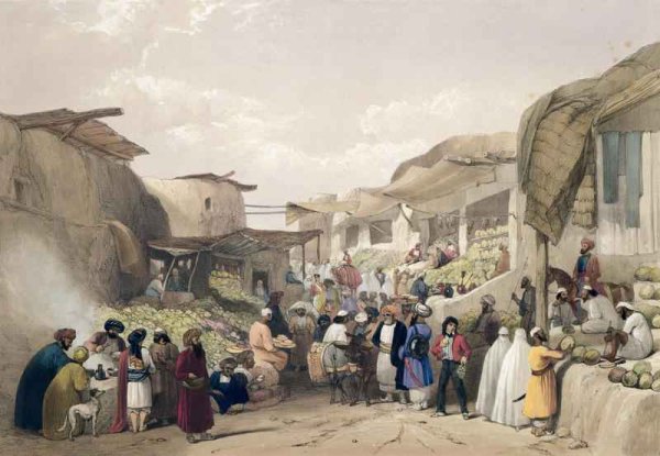 The Main Street in the Bazaar at Caubul, in the Fruit Season, from 'Sketches in Afghau