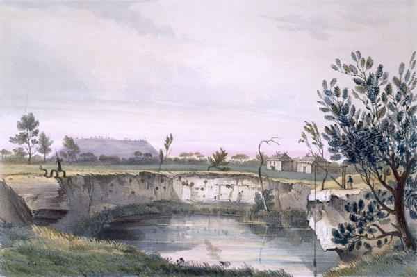 Messrs' Arthur's Sheep Station, with one of the volcanic wells. Mount Schank in the distance - early morning, from 'South Australia Illustrated'