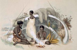 Natives of Encounter Bay, making cord for fishing nets in a hut formed from the ribs of a whale