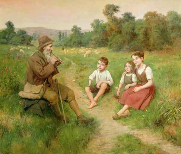 Children Listen to a Shepherd Playing a Flute