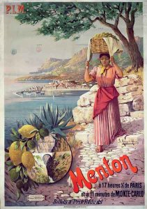 Travel poster advertising the Paris-Lyon-Mediterranee train line and holidays in Menton on the Cote d'Azur