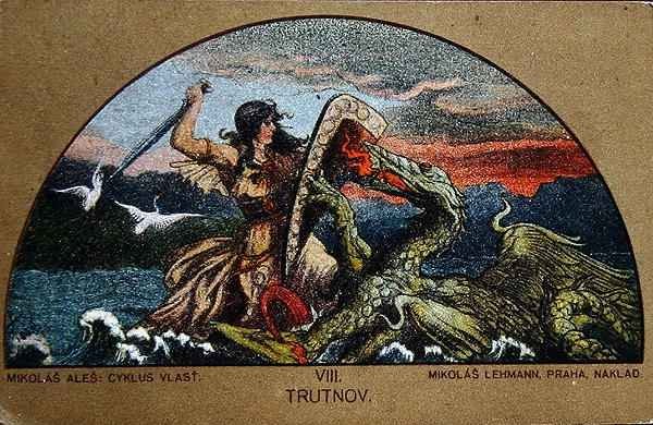 Postcard depicting the Knight Trut fighting the Dragon of the Rocks