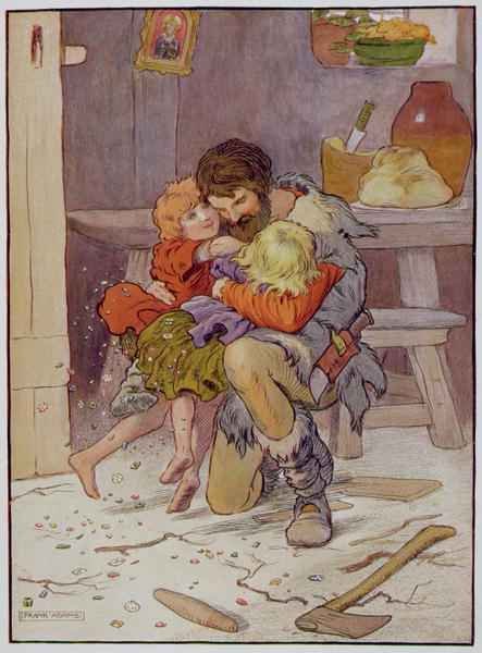 Hansel and Gretel return, illustration from 'The Beautiful Book of Nursery Rhymes, Stories and Pictures'