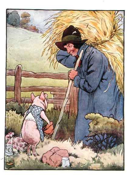 'If you please, Sir', said he, 'will you give me that straw to build a house with', illustration from 'The Three Little Pigs'