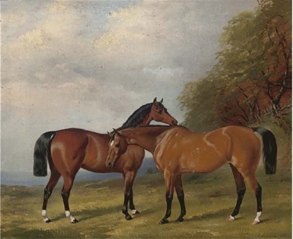 Two bay hunters in an extensive landscape 1860