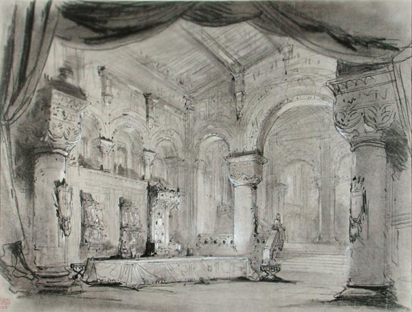 Set design of the palace interior for a performance of the opera 'Macbeth'