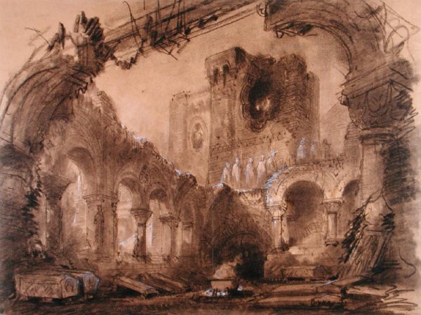 Ruins, scenery design for a performance of 'Macbeth'