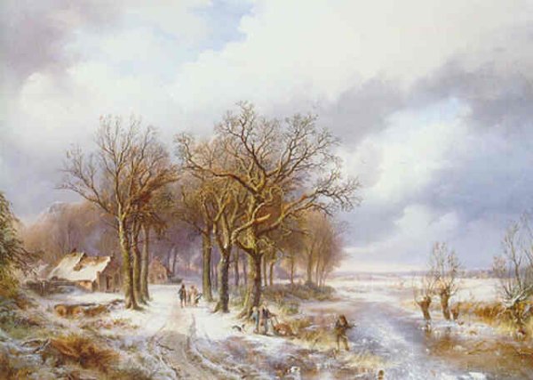 A winter landscape with a wood gatherer on a frozen ditch and peasants on a snowy path