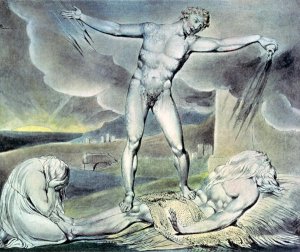 Illustrations of the Book of Job- Job's Evil Dreams, showing Job's God, who has become Satan with cloven hoof and entwined by a serpent 1825